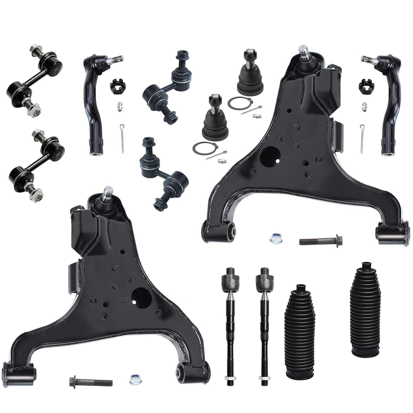 Detroit Axle - 14PC Front Lower Control Arm Ball Joint Sway Bar Inner Outer Tie Rod w/Boot for 2004-2010 Infiniti QX56 - [2005-2