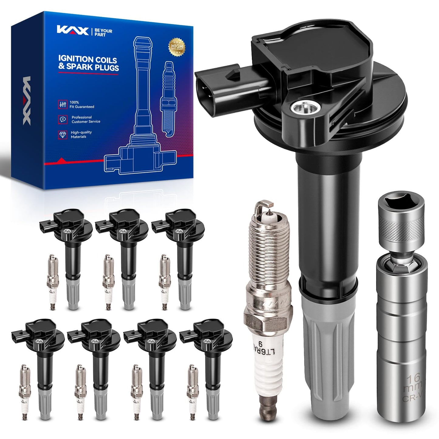 KAX Set of 8 Ignition Coils & Iridium Spark Plugs w/Magnetic Socket Compatible with Ford F-150 2011-2016 5.0L, Mustang 2011-2015